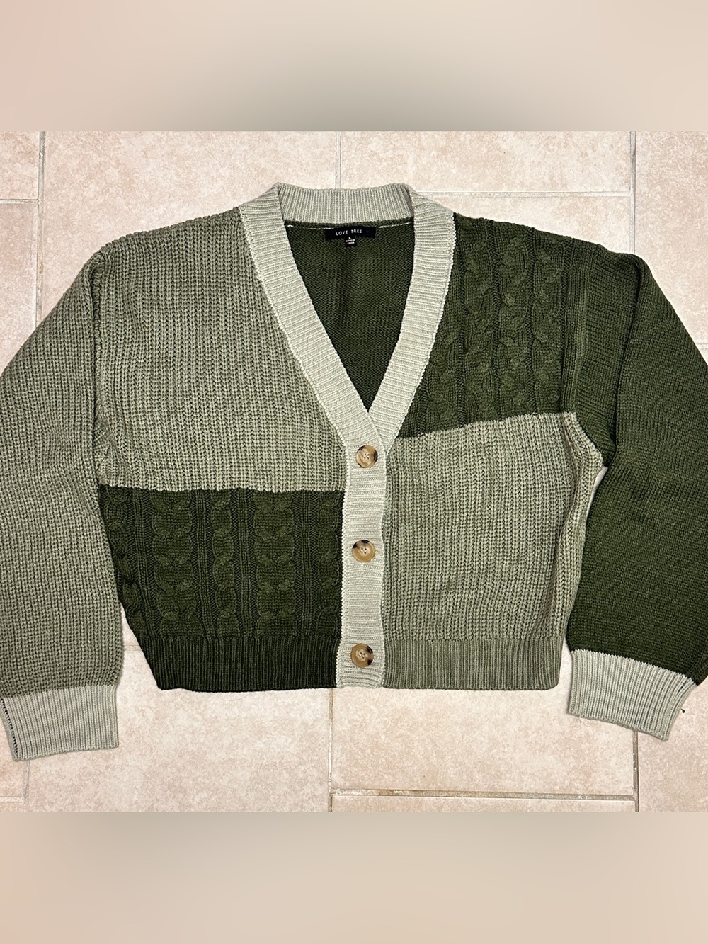 Love Tree Olive Two-Tone Cable Knit Cardigan